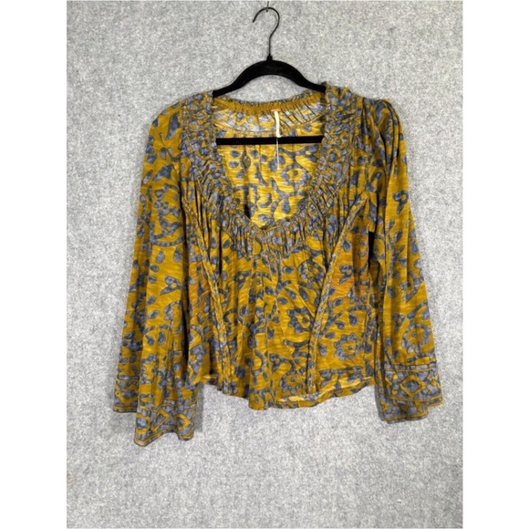 Free People Blouse Women XL Green On The Block Cropped Bell Sleeve - Picture 1 of 9